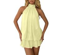 Generisch Sommerkleid Damen Lässiges Strandklerid ärmellos Rückenfrei Damenkleid mit Bindegürtel Ausgestelltes Minikleid Chiffon Neckholder Minikleid Drop Waist Partykleid