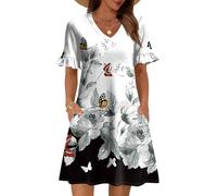 Generisch Sommerkleid Damen Lang Boho Kleid Damen Festlich Hemdblusenkleid Strandkleid Wickelkleider Freizeitkleider Sommer Blumenkleid Midikleid Elegant Hemdkleid Shirtkleid