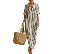 Generisch Sommerkleid Damen Lang Elegant Blusenkleid Gestreift Halbarm Kleid mit Knopfleiste Maxikleid Sommer Hemdkleid Lockeres Sommerkleider Leicht Und Luftig Kleider Baumwolle Leinenkleid