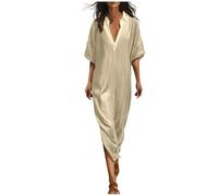 Generisch Sommerkleid Damen Lang Elegant Kleider Damen Sommer Tunika Kleid V Ausschnitt Halbarm Strandkleid Baumwolle Leinen Sommerkleider Leicht Und Luftig Leinenkleid Locker Casual Maxikleid