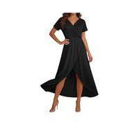 Generisch Sommerkleid Damen Lang Elegant Kleider V Ausschnitt Kleid Damen Sommer Kurzarm Strandkleid Einfarbig Sommerkleider Frauen Leicht Und Luftig Damenkleider Vorne Kurz Hinten Lang Strandkleider