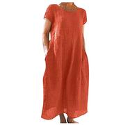 Generisch Sommerkleid Damen Lang Elegant Sommerkleider Luftig Leinenkleid Damen Sommer Midi Kleider mit Taschen Leicht Damenkleider Locker Kurzarm Kleid Frauen Rundhals Strandkleid mit Ärmeln
