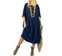 Generisch Sommerkleid Damen Lang Tunika Kleid Damen Elegant Casual Strandkleid Halbarm Rundhals Kleider Sommer Oversize Midikleid mit Taschen Frauen Sommerkleider Leicht Und Luftig Damenkleider