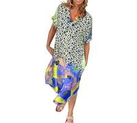 Generisch Sommerkleid Damen Leicht Lang 2025 Atmungsaktiv V-Ausschnitt Gedruckt Lose Kleid Frauen Boho Casual Leopard Print Kurzarm Flowy Blusenkleid Damen Winter
