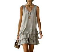 Generisch Sommerkleid Damen, Leinenkleid Damen Elegant Ärmellos V-Ausschnitt, Lockeres Baumwollkleid Boho Minikleid mit Volants, Strandkleid Luftig für Urlaub Party Freizeit