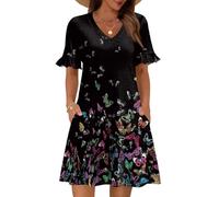 Generisch Sommerkleider Damen Elegant Kleid Gelb Damen Hemdblusenkleid Strandkleider Wickelkleider Freizeitkleider Sommer Blumenkleid Midikleid Sommer Hemdkleid Shirtkleider
