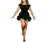 Generisch Sommerkleider Damen Glitzerndes Karnevalskleid Mit Pailletten, Federn, Doppelter Schulter, Kurzes Slim-Fit Kleid Langarm Elegant Für Hochzeit