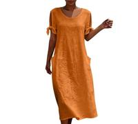 Generisch Sommerkleider Damen Leicht Und Luftig Strandkleid Damen Tunika Kleid Sommer Baumwolle Leinenkleid Kurzarm Rundhals Sommerkleid Locker Einfarbig Leinen Kleider mit Taschen Midikleid