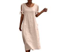 Generisch Sommerkleider Damen Leicht Und Luftig Strandkleid Damen Tunika Kleid Sommer Baumwolle Leinenkleid Kurzarm Rundhals Sommerkleid Locker Einfarbig Leinen Kleider mit Taschen Midikleid