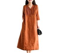 Generisch Sommerkleider für Damen 3/4 Ärmel Plissiertes Etuikleid mit Taschen Lässiges Boho Sommerkleid Schlichte Loungewear für Strandurlaub Orange Rot Xs