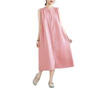 Generisch Sommerliches Hemdblusenkleid Aus Baumwoll Leinen für Damen Lang mit Knopfleiste Lässig Locker Ärmellos Strandkleid Überwurf Midikleid Alltagskleid Rosa XL