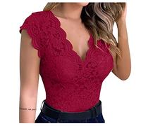 Generisch Spitzentop Damen Basic Top mit Spitze V Ausschnitt Sommer Oberteile Elegant Camisole Top Sexy Tank Top Lässig Ärmellose Crop Top Slim Fit Trägertops Luftig Tunika Bluse(A04 Wine,S)