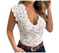 Generisch Spitzentop Damen Basic Top mit Spitze V Ausschnitt Sommer Oberteile Elegant Camisole Top Sexy Tank Top Lässig Ärmellose Crop Top Slim Fit Trägertops Luftig Tunika Bluse(A05 White,S)