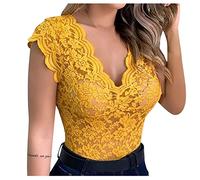 Generisch Spitzentop Damen Basic Top mit Spitze V Ausschnitt Sommer Oberteile Elegant Camisole Top Sexy Tank Top Lässig Ärmellose Crop Top Slim Fit Trägertops Luftig Tunika Bluse(A06 Yellow,XXL)