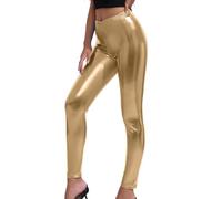 Generisch Sport Leggings Damen Metallic Elastische Taille Pants Kompression Freizeithose Karneval Leicht Trousers Bequeme Sporthose Freizeit Weiche Strumpfhose Festliche Stretch Leggings Gold S