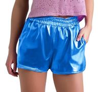 Generisch Sportswear Tech Fleece Shorts Frauen Metallic Shorts Glänzende Hose Mit Elastischer Taille Hot Rave Dance Shorts Damen Vintage (Blue M)