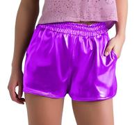Generisch Sportswear Tech Fleece Shorts Frauen Metallic Shorts Glänzende Hose Mit Elastischer Taille Hot Rave Dance Shorts Damen Vintage (Purple S)