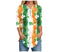 Generisch St Patricks Day Kostüm Damen, Tshirt Damen Grün 3/4 Ärmel V Ausschnitt T Shirt mit Tasten Vierblättriges Kleeblatt Shamrock Longshirt T-shirts Irland St Patrick's Day T-shirt Oberteile