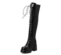 Generisch Stiefel Y2K Retro Boots Damen Plateau Schnürung Klobiger Absatz Lackleder Stiefel mit Reißverschluss