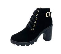 Generisch Stiefeletten Damen Klassische Kurz Stiefel Runde Zehe Ankle Boots Casual Lace Up Booties Schnalle Plateauschuhe Blockabsatz Freizeitschuhe Rutschfest Winter Schuhe mit dickem Absatz