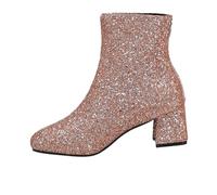 Generisch Stiefeletten mit Pailletten Karneval Damenmode im britischen Stil, einfarbig, Paillettendekoration, Dicker Absatz, Reißverschluss, Kurze Stiefel (Gold, 40)