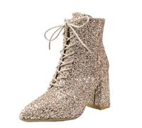 Generisch Stiefeletten mit Pailletten Karneval Damenmode im britischen Stil, einfarbig, Paillettendekoration, Dicker Absatz, Kurze Stiefel (Gold, 39)