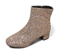Generisch Stiefeletten mit Pailletten Karneval Damenmode im britischen Stil, einfarbig, Paillettendekoration, Dicker Absatz, seitlicher Reißverschluss, Kurze Stiefel (Gold, 40)