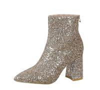 Generisch Stiefeletten mit Pailletten Karneval Damenmode im britischen Stil, einfarbig, Paillettendekoration, Dicker Absatz, Reißverschluss, Kurze Stiefel (Gold, 37)