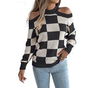 Generisch Stilvoller Karierter Strickpullover mit Cut Out Schultern Schulterfreier Pullover