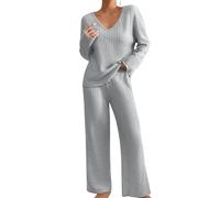 Generisch Strick Set Damen Zweiteiler Winter | Strickanzug Damen Set Elegant | Freizeitanzug Warm Kuschelanzug V Ausschnitt Zweiteiler Sweatshirt Und Strickhose Hausanzug Casual Bequeme Jogginganzüge