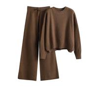 Generisch Strick Zweiteiler Damen Outfit Pullover Strickpullover Stehkragen und Gestrickte Hose Strickanzug Hausanzug Elegant 2er Set Rollkragenpullover Weite Bein Strickhose Herbstmode Für Frauen