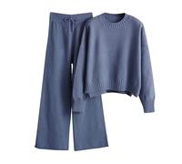 Generisch Strick Zweiteiler Damen Outfit Pullover Strickpullover Stehkragen und Gestrickte Hose Strickanzug Hausanzug Elegant 2er Set Rollkragenpullover Weite Bein Strickhose Herbstmode Für Frauen