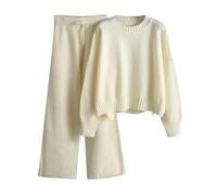 Generisch Strick Zweiteiler Damen Outfit Pullover Strickpullover Stehkragen und Gestrickte Hose Strickanzug Hausanzug Elegant 2er Set Rollkragenpullover Weite Bein Strickhose Herbstmode Für Frauen