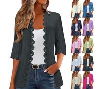 Generisch Strickjacke Damen Kurz Elegant, Cardigan Damen Sommer Leicht | Große Größen Strickcardigan 3/4 Arm Strickpullover V-Ausschnitt Kimono Locker Strandponcho Einfarbig Dünn Strickjacken