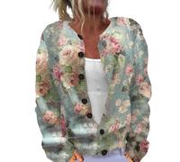 Generisch Strickjacke Damen Kurz mit Knöpfen Cardigan mit Blumenmuster Strickcardigan Oversize Elegant Strickpullover Open Front Grobstrickjacke Traditioneller Übergangsjacke Warm Offene Strickmantel