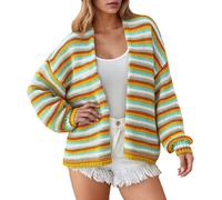 Generisch Strickjacke Damen Kurz Retro Regenbogen Streifen Cardigan Strickmantel Offene Front Sweater Strick Pullover Lockere Jäckchen Orange XL