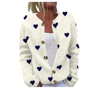 Generisch Strickjacke Damen Langarm Love Heart Strickpullover Große Größen Knopfleiste Cardigan Sweater Button Valentinstag Pullover Baumwolle Vorne Offen Lang Strick Sweatshirt