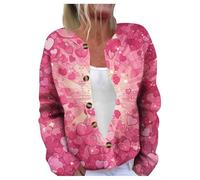 Generisch Strickjacke Damen Langarm Love Heart Strickpullover Große Größen Knopfleiste Cardigan Sweater Button Valentinstag Pullover Baumwolle Vorne Offen Lang Strick Sweatshirt