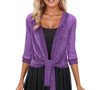 Generisch Strickjacke Damen Offene Vorne Linen Sweater Krawatte an Taille Bolero Cardigan Knotted Leicht Kurz Schal Tops 3/4 Ärmel Lässig Jacket Elegante Jäckchen