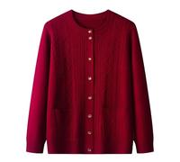 Generisch Strickjacke Damen Winter,Strickjacken für Damen mittleren Alters und Senioren Rundhalsausschnitt Lässige Oberteile Aran Zopfmuster Leichte Jacke Pullover mit Tasche Oma Kleidung Weinrot L