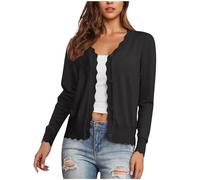 Generisch Strickjacke Schwarz Damen Strickjacke mit V-Ausschnitt & Knopfleiste - Lange Ärmel, Rippstrick & Scallop-Details, Leicht & Locker - Cardigan für Freizeit & Büro