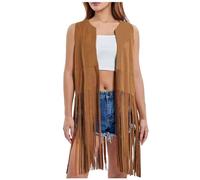 Generisch Strickjacken Große Größen Damen Damen Weste mit Fransen, 70er-Jahre-Hippie-Kostüm, ärmellos, Western-Oberbekleidung aus Wildlederimitat mit Quaste Gestreifte Bluse Damen (Coffee, M)