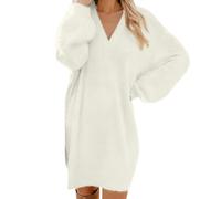 Generisch Strickkleid Damen Oversize Pullover Kleider Elegante Longpullover Strickpullover V-Ausschnitt Pulloverkleid Winterkleider Minikleid Herbstkleider Locker Winterpullover