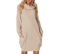 Generisch Strickkleid Damen Rollkragen Langarm Strickpullover Kleid Geripptes Einfarbig Minikleid Locker Bequemes Pulloverkleid Freizeit Leichte Tunikakleid mit Taschen(A,M)