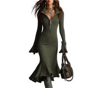 Generisch Strickkleid Damen Winter Elegant Pulloverkleid Damen Curvy Warm Winterkleid Strick Midi Kleid Langarm Mit Kragen Figurbetontes Kleider Trompetenärmel Lang Pullikleid Slim Mit Reißverschluss