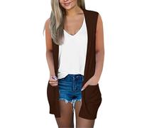 Generisch Strickweste Damen Ärmellos Sommer, Strick Cardigan Damen Oversized Weste Elegant Mantel Ohne Ärmel Strickcardigan Mit Taschen Strickjacken Dünne Sweater Casual Feinstrick Leicht Sommerjacke