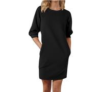 Generisch Sweatkleid Damen Dreiviertel Ärmel Ohne Kapuze Kleider Damen Kurz mit Taschen Kleid Frauen Elegant Rundhals Locker Frühlingskleid Einfarbig Sweatshirt Freizeitkleider Blusenkleid