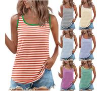 Generisch Tank Top Damen U-Ausschnitt Ärmellose Dünne Weste Lang Tunika Gestreifte Sommerbluse Elegant Tshirt Streifenshirt Lockeres Tanktop (Orange, XL)