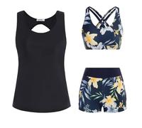Generisch Tankini Damen, Badeanzug Damen, 3-Teiliger Badeanzug Blumen Drucken Bademode Push Up Bikini Set High Waist Tankinis Sommer Badeanzüge Sport Bikinioberteile Und Badeshorts Strand, Gelb, XXL
