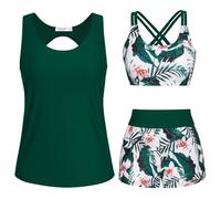Generisch Tankini Damen, Badeanzug Damen, 3-Teiliger Badeanzug Blumen Drucken Bademode Push Up Bikini Set High Waist Tankinis Sommer Badeanzüge Sport Bikinioberteile Und Badeshorts Strand, Grün, S